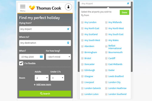 Thomas Cook CRO case study. Search panel optimisation on mobile phone